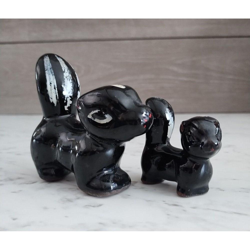 Vintage Ceramic Mom & Baby Skunk Figurines Pair Redware Made in Japan